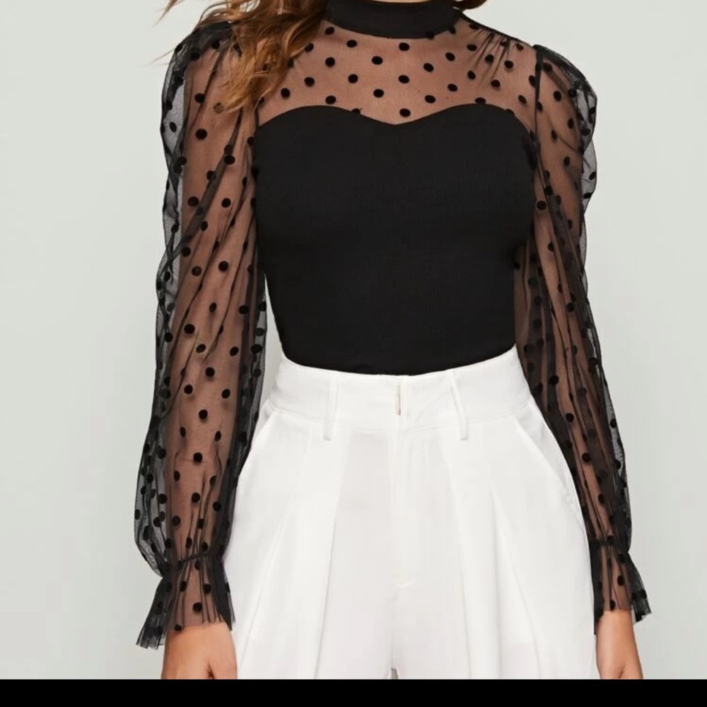 Doddy Mesh Yoke Ruffle Cuff Rib-Knit Top